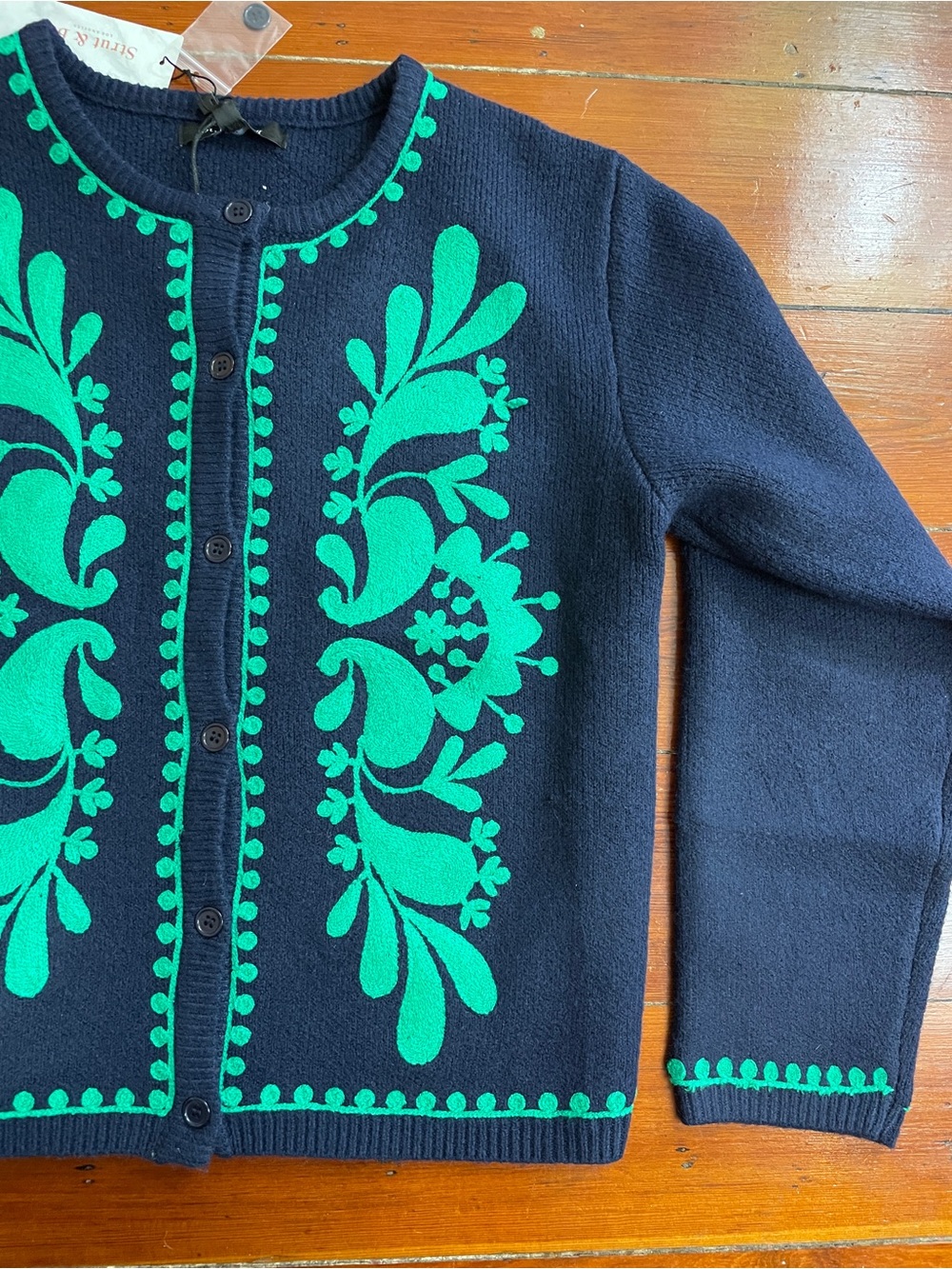 NWT Strut & Bolt Myra Navy Emerald Embroidered Knit Cardigan Jacket Sz S 🧡🎀 - Picture 7 of 10